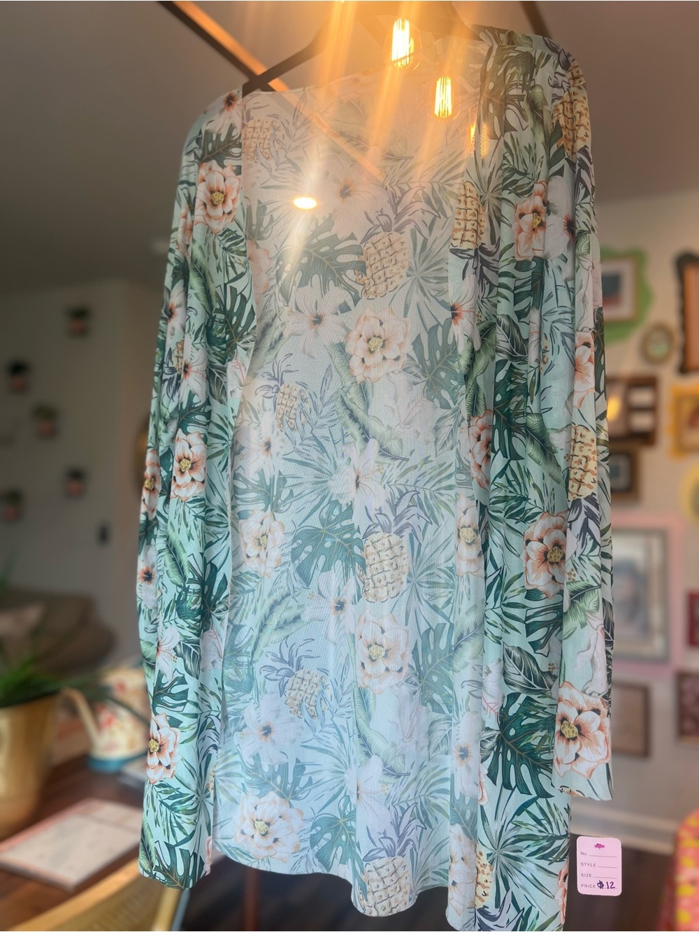 Floral Pineapple Lightweight Open-Front Kimono - Mint & Peach